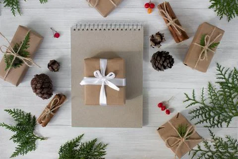 Blank notepad on the background of New Year's decorations Space for text Stock Photos