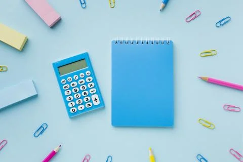 Blank notepad calculator top view Stock Photos
