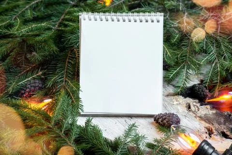 Blank notepad on christmas tree branches, new year decoration and garland. Foto stock
