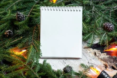 Blank notepad on christmas tree branches, new year decoration and garland. Stock Photos