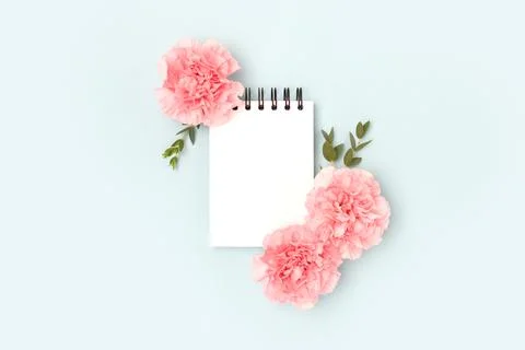 Blank notepad mockup, pink carnation flowers and green eucalyptus branches. Stock Photos
