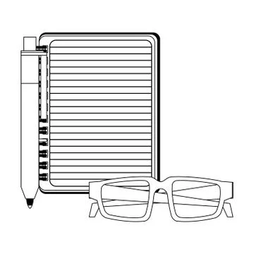 Blank notepad with pen and glasses in black and white Stock Illustration