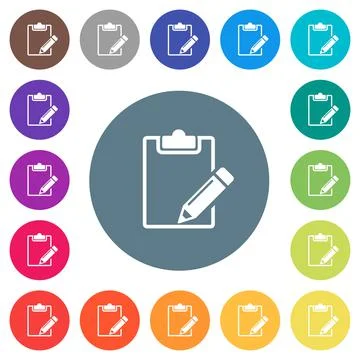 Blank notepad with pencil flat white icons on round color backgrounds Stock Illustration