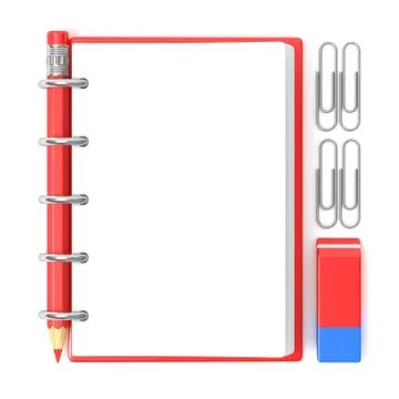Blank notepad, pencil, rubber and paperclips. 3D Ilustração Stock
