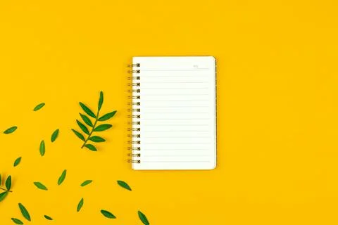 Blank notepad on spring yellow background, flat lay composition of working de Stock Photos