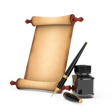 Blank Old Paper Scroll Parchment Mockup and Fountain Pen with Black Ink Bottl Stock Illustration