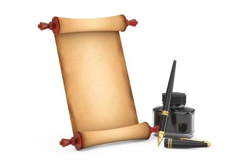 Blank Old Paper Scroll Parchment Mockup and Fountain Pen with Black Ink Bottl Stock Illustration