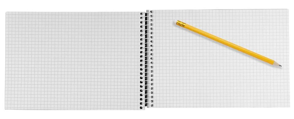 Blank open horizontal graph notebook with checkered pages and sharp yellow pe Stock Photos