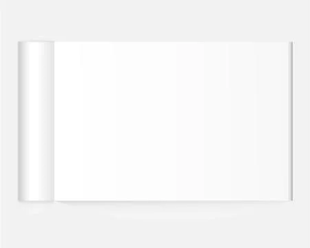 Blank open magazine template with rolled pages on white background. Stock Illustration