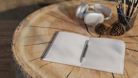Blank open notebook mockup on log slice table with headphones and pen Stock Illustration