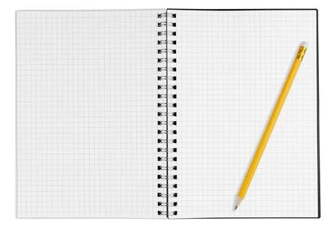 Blank open vertical graph notebook with checkered pages and sharp yellow penc Stock Photos