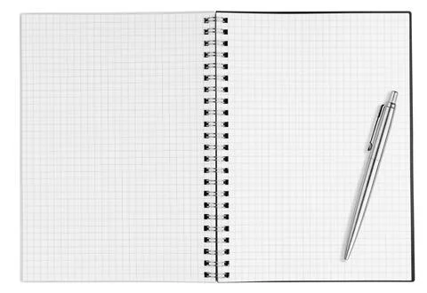 Blank open vertical graph notebook with checkered pages and silver ballpoint  Stock Photos