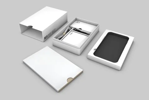 Blank opened box package for mobile phone isolated on white background, Illus Stock Illustration