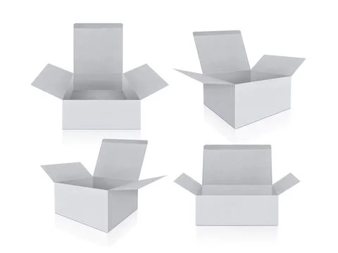 Blank packaging boxes - open mockup, isolated on white background Stock Photos