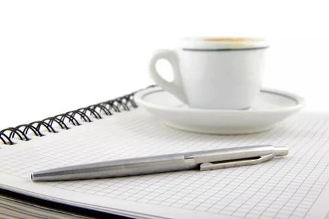 Blank page, empty cup of coffe, pen Stock Photos