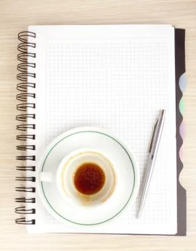 Blank page, empty cup of coffe, pen Stock Photos