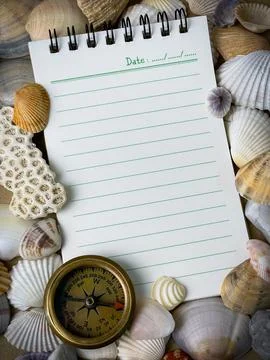 Blank page for trip planning with a compass and seashells Stock Photos