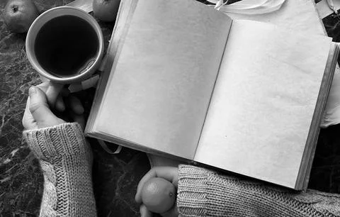 Blank pages opened vintage book on the table Stock Photos