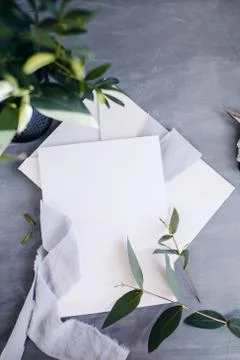 Blank paper copy space. Frame with flowers. Silk ribbon. Gray background. Sim Stock Photos