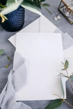 Blank paper copy space. Frame with flowers. Silk ribbon. Gray background. Sim Stock Photos