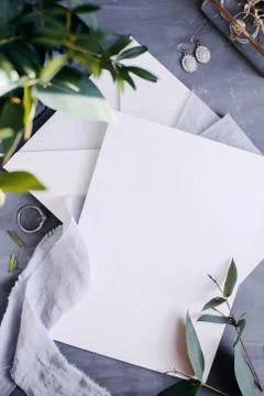 Blank paper copy space. Frame with flowers. Silk ribbon. Gray background. Sim Stock Photos