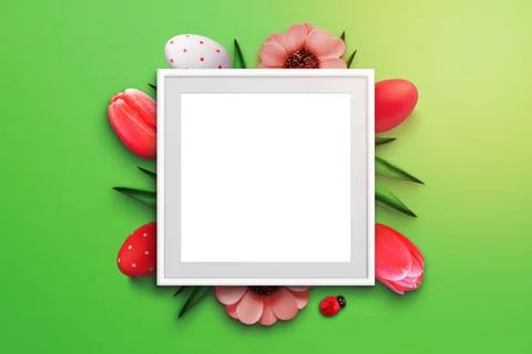Blank paper with Easter eggs and tulips on a pastel green background. Easter gre Foto stock