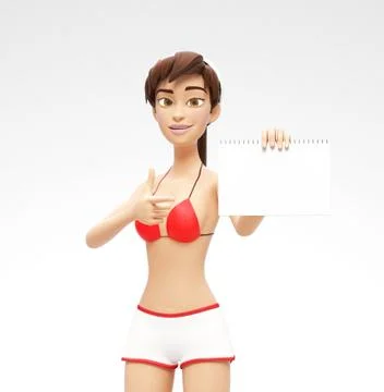 Blank Paper Notepad Mockup - Smiling and Happy 3D Bikini Character Stock Illustration