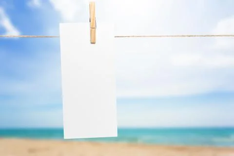 Blank paper notes with copy space pinned on rope Stock Photos