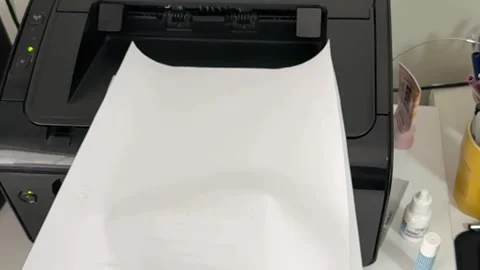 Blank paper pages, electrical printer, office equipment, slow motion Stock Footage 303544399