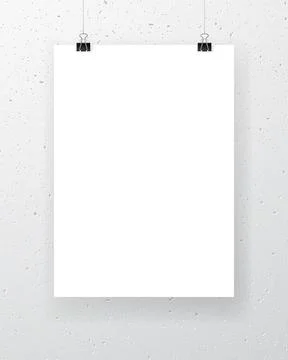 Blank paper sheet hanging on binder clips with textured wall on background Stock Illustration