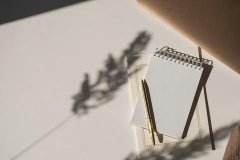 Blank paper sheet notebook with copy space, flower sunlight shadows and lapto Stock Photos