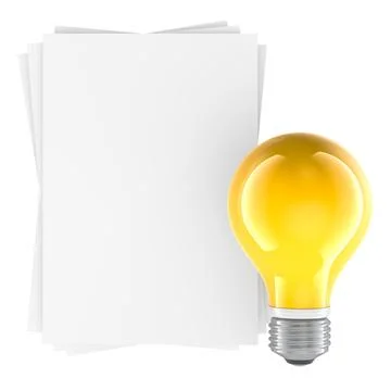Blank paper sheets and light bulb, idea concept. 3D rendering Stock Illustration