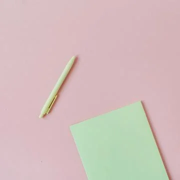 Blank paper sheets with empty copy space for text, pen on pink background. Fl Stock Photos