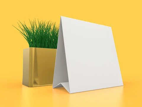 Blank paper Table Tent. Mockup on yellow background. 3D illustration. Stock Illustration