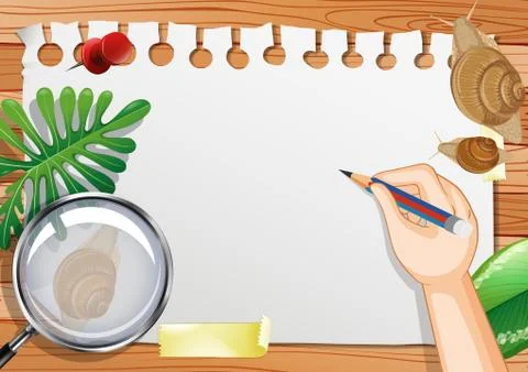Blank paper on the table top view with leaves and snail elements Stock Illustration