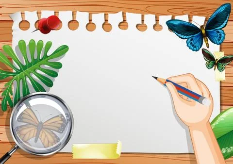 Blank paper on the table top view with leaves and insects elements Stock Illustration