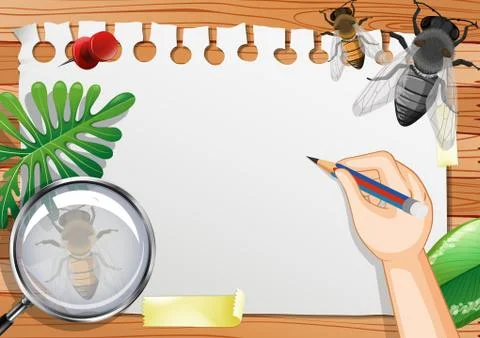 Blank paper on the table top view with leaves and insects elements Stock Illustration