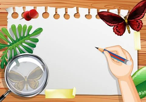 Blank paper on the table top view with leaves and butterfly elements Stock Illustration