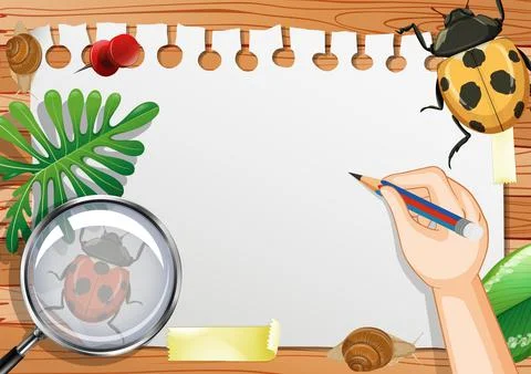 Blank paper on the table top view with leaves and ladybug elements Stock Illustration