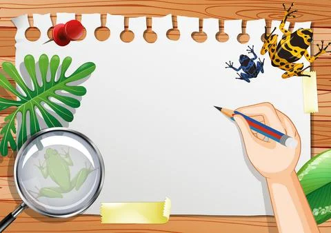 Blank paper on the table top view with leaves and frog elements Stock Illustration