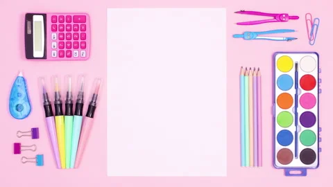 Blank paper for text appear in the middle of back to school tools. Stop motion Видео 157348814
