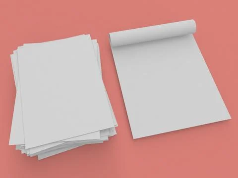 Blank papers and a rolled sheet sit on a simple pink background creating a .. Illustrazione stock