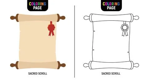 Blank parchment scroll with wooden rollers and a red wax seal, presented as a Stock Illustration
