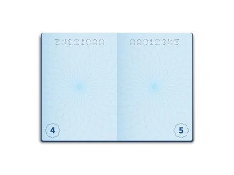 Blank passport. Opened document layout, page sheet with watermark. Empty foreign Stock Illustration