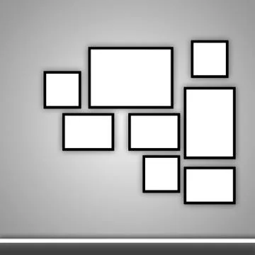 Blank photo frames of different sizes on a gray wall. Wall design with photo  Stock Illustration