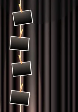 Blank Photo Frames Hanging from Clothes Line on Black Curtain Stock Illustration