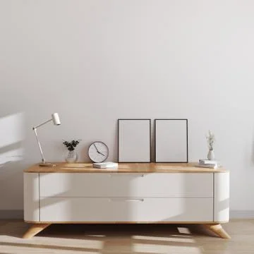 Blank photo frames in modern interior on chest of drawers with white wall. Stock Illustration