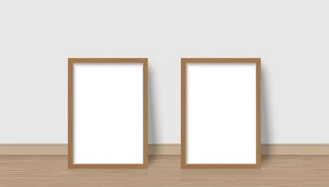 Blank photor frame standing in  room. Image presentation natural wood border. Stock Illustration