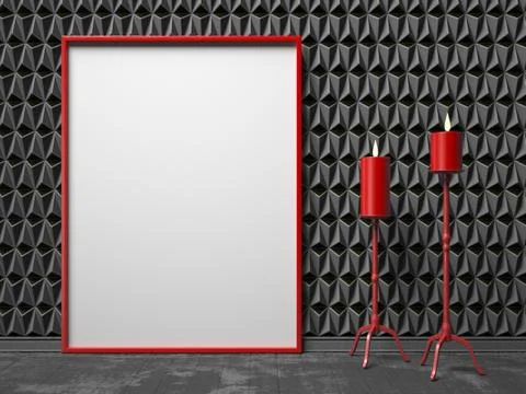 Blank picture frame and two red candlestick on black triangulated backgroun.. Stock Illustration