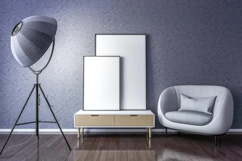 Blank picture frame with interior lamp and chair. Stock Illustration